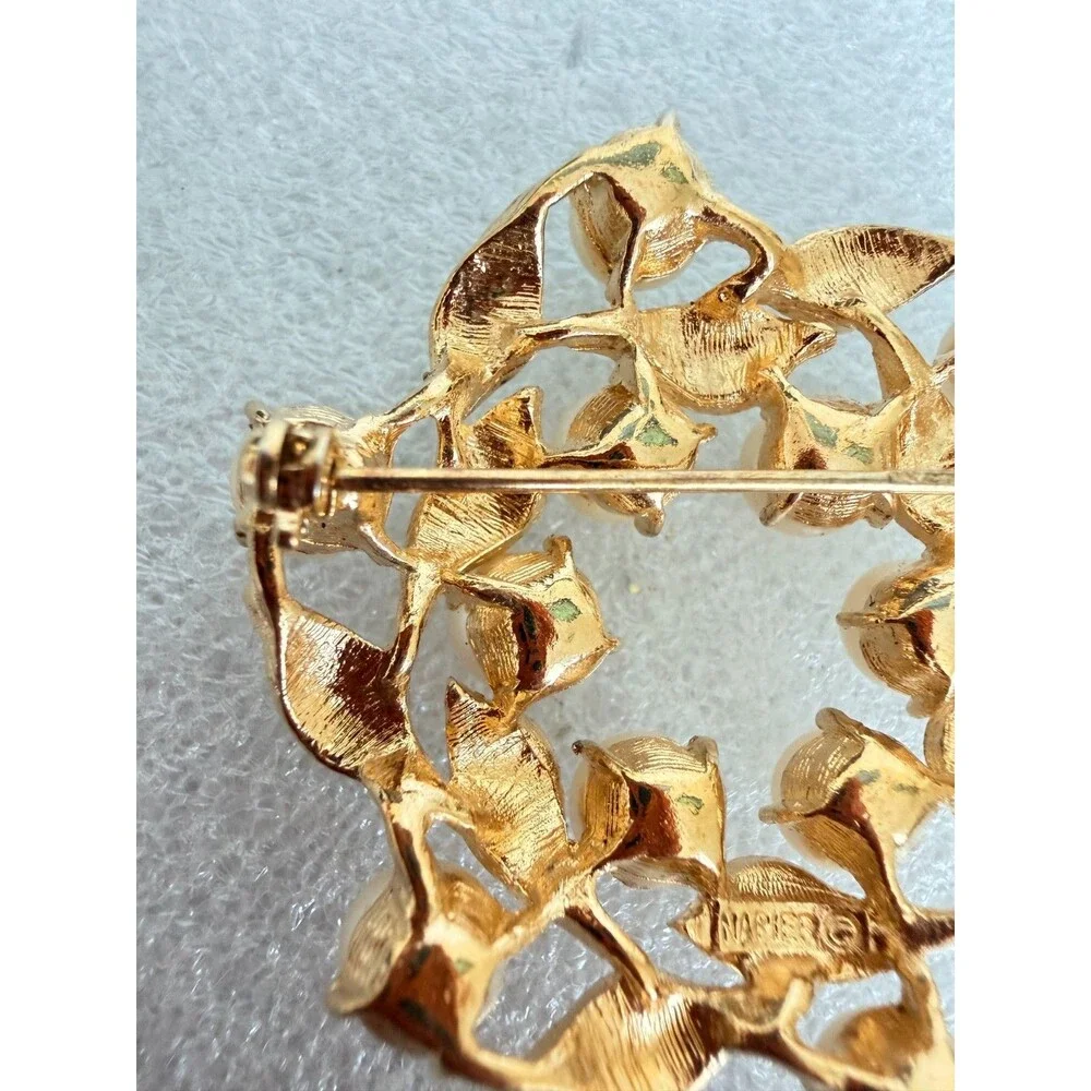 Vintage Napier Gold Tone Faux Pearl Wreath Brooch Brushed Leaf Pin